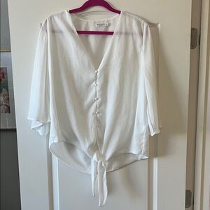 Kensie White V-Neck Tie-Front Blouse with Covered Buttons